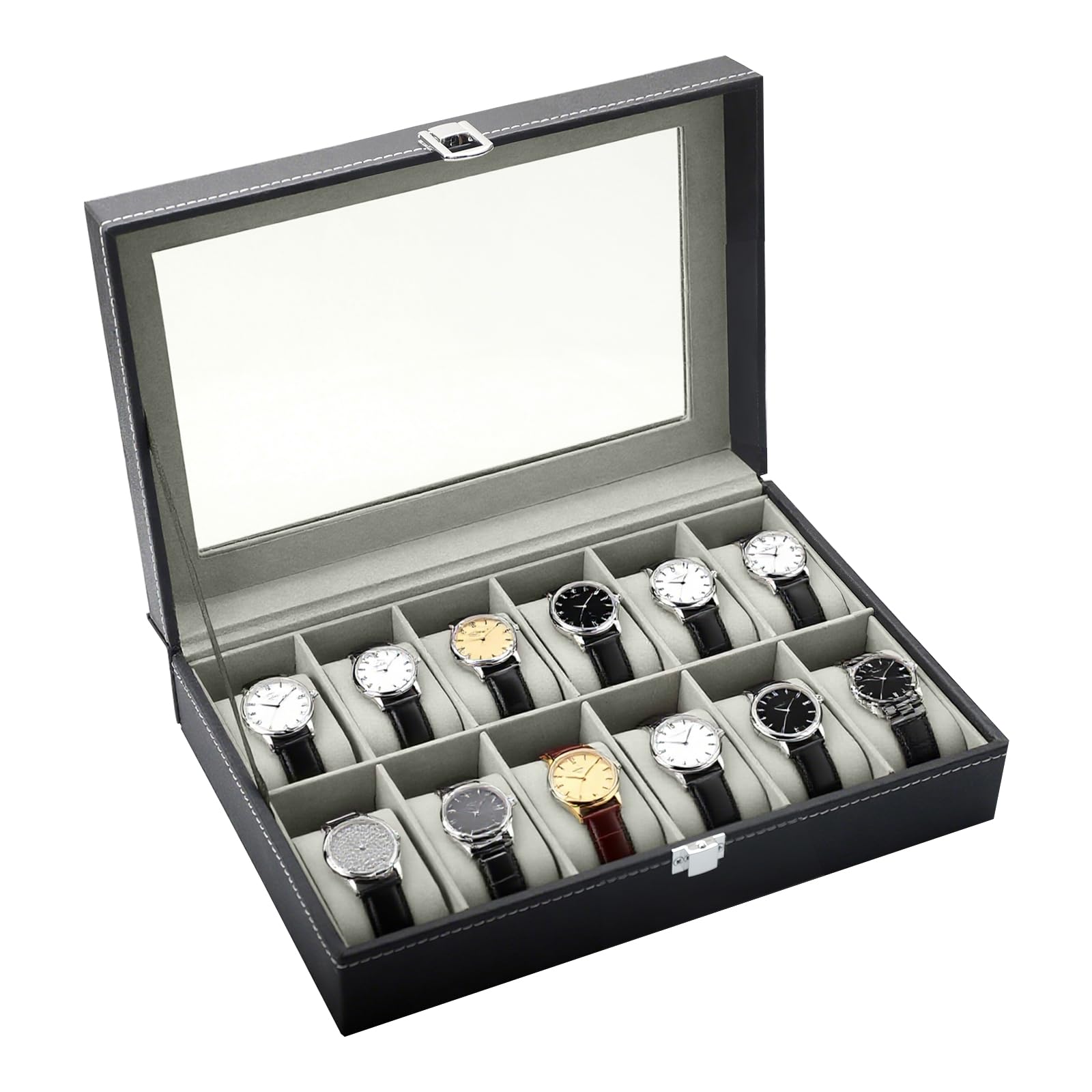 Caja de Relojes 12 Compartimentos Estuche de Relojes de PU con Cubierta de Cristal acrílico y almohadillas extraíbles unisex para regalo o almacenamiento personal