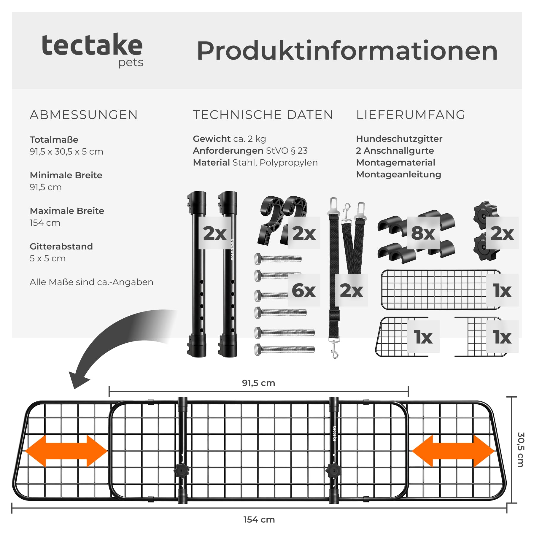 tectake® Hundegitter Auto, universal Hundeschutzgitter mit Variabler Breite, mobiler Kofferraumschutz, Gitter Trenner Absperrung, Zubehör für Auto Reise mit Hund, Hundeabsperrgitter,