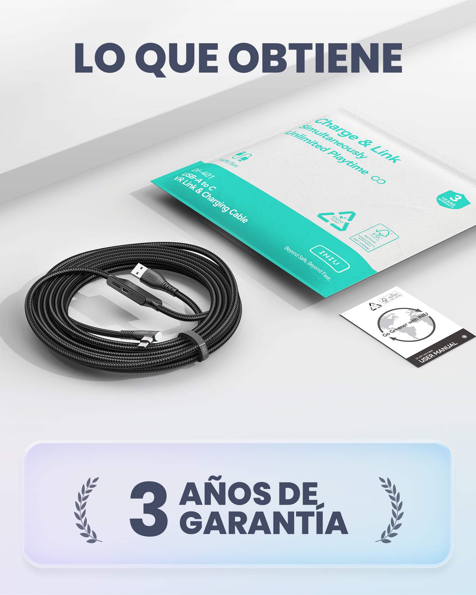 INIU Cable Link de 5m, Cable Link USB 3.0 a USB C con Meta Oculus Quest 3s, Quest 3 2 1, Quest Pro, Pico 4, PC Steam VR Accesorios, Transferencia de Datos de Alta Velocidad, Cable para Auriculares VR