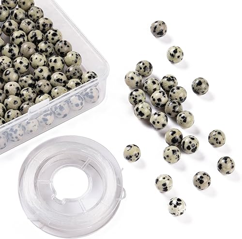 Miniatura 52 de BEEFLYING 100 cuentas de piedra de turmalina negra natural de 0.315 pulgadas (0.315 in), piedras preciosas redondas sueltas con hilo de cristal