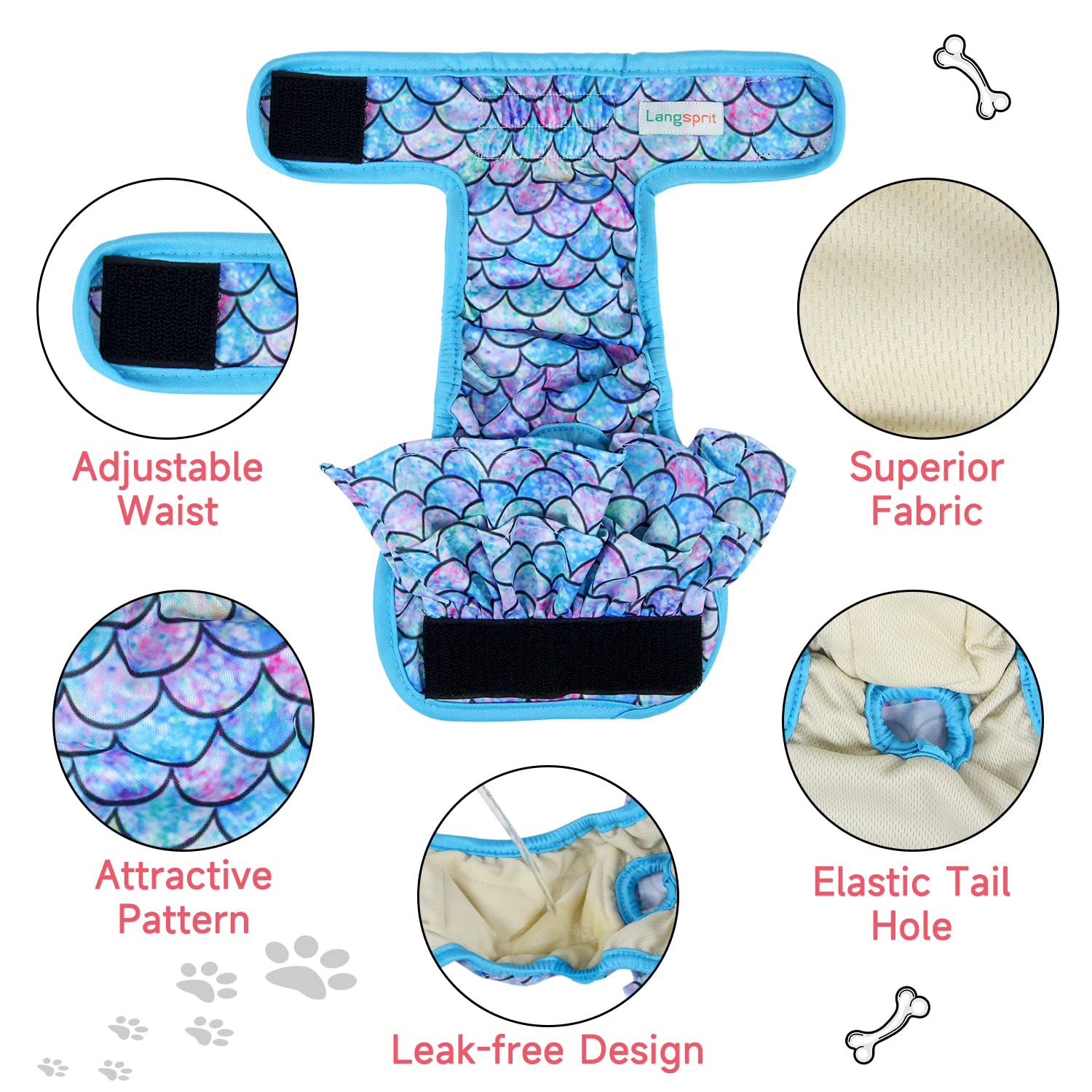 Langsprit Pañales para perros hembras (paquete de 3), pañales lavables sin fugas, pañales altamente absorbentes para perros hembras en calor, incontinencia, micción excitable o período, pañales