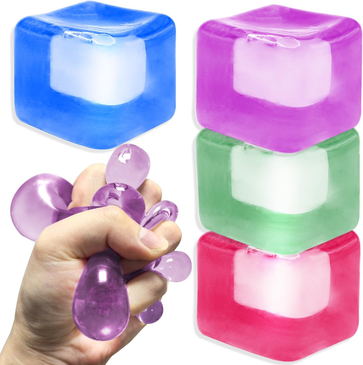 4Pcs Stress Cube Toys Set - Transparent Pink/Purple/Green/Blue, Thicker & Durable Slow-Rise Squishy Sensory Toys for Adults & Kids with ADHD, Autism, Anxiety - Includes Luxury PVC Storage Box