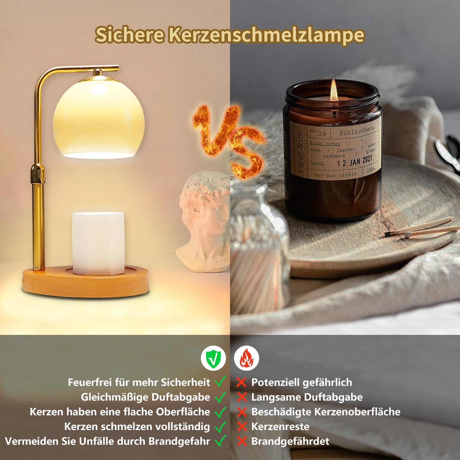 Décoration Ambiance Chaleureuse Chauffe-Bougie Électrique QINER - Minuterie, 4 Intensités, Abat-jour Verre Vintage Avec 2 Ampoules Décoration Ambiance Chambre