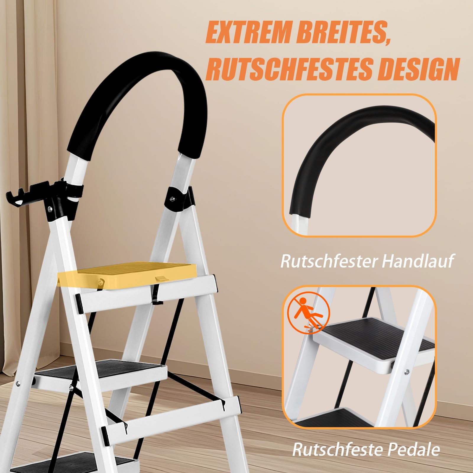 Escabeau Pliant 3/4/5 Marches, échelle Pliable Portable, Structure en Acier avec Pieds Antidérapants, Capacité de Charge Maximale 180kg, 104 x 57 x 41,5 cm – 3 étapes (Blanc)
