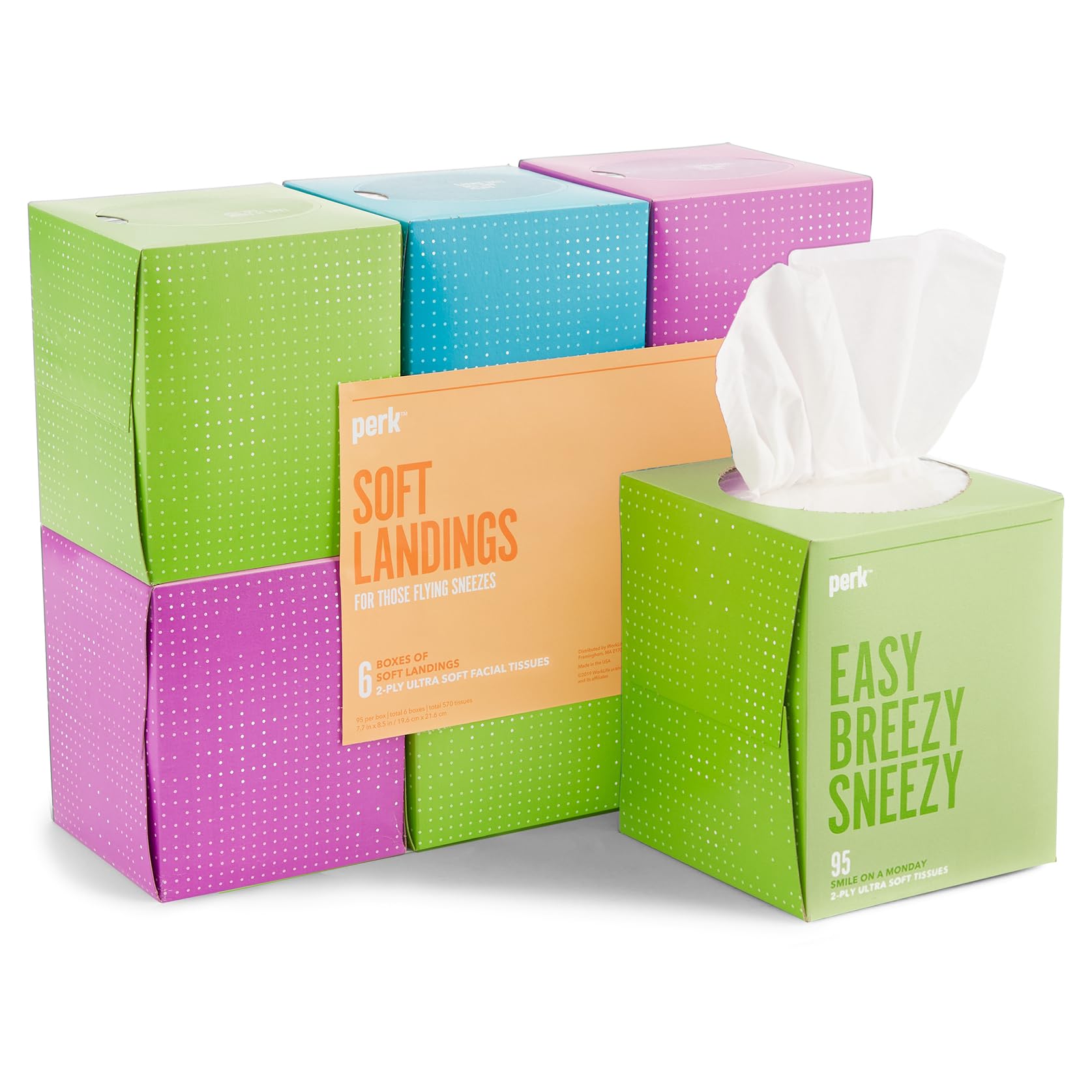 Perk Ultra-Soft Facial Tissues, 2-Ply, Gentle & Durable, 95 Tissues per Box, 6 Cube Pack, White