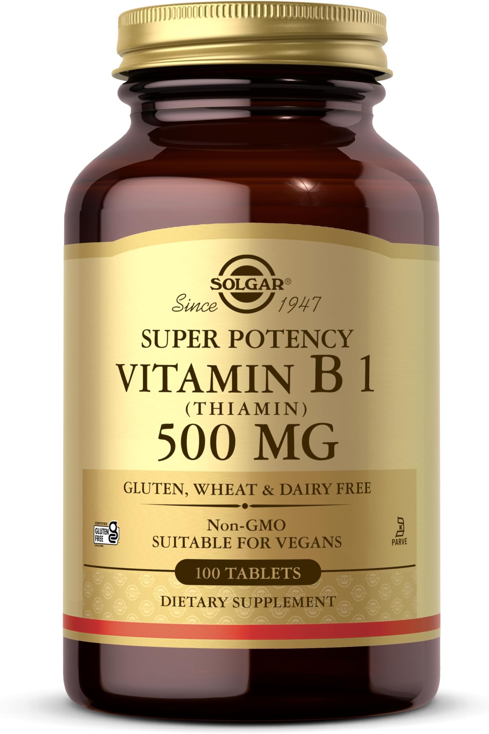 Solgar Vitamin B1 (Thiamin) 500 mg, 100 Tablets - Energy Metabolism, Healthy Nervous System, Overall Well-Being - Super Potency - Non-GMO, Vegan, Gluten Free, Dairy Free - 100 Servings