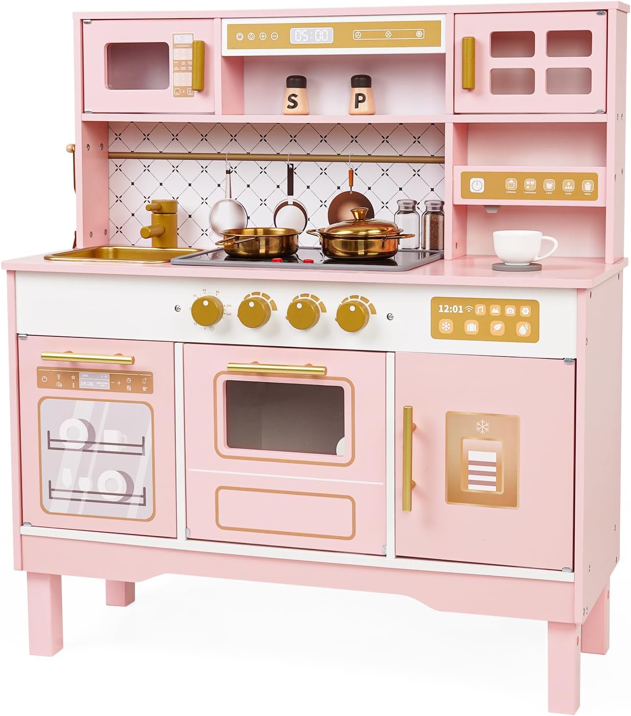 Wooden Kids Play Kitchen, Modern White Toddler Kitchen Playset with Realistic Stove, Click-Sound Knobs & Storage Cabinets, Montessori Pretend Cooking Toy Gift for Boys & Girls Age 3+ (Modern Pink)