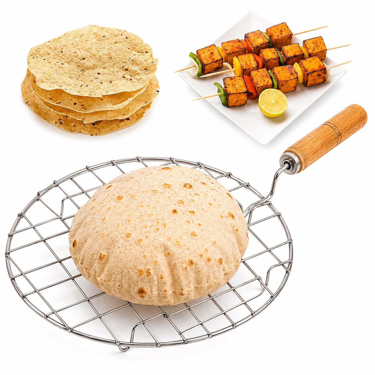 A-ONE Papad Jali Roast, Paneer Grill, Roti Maker, Barbeque Jali Roaster Chapati Toast Grill Wooden Handle Vegetable tandoor net, Baigan Bharta (Round)-picture-11