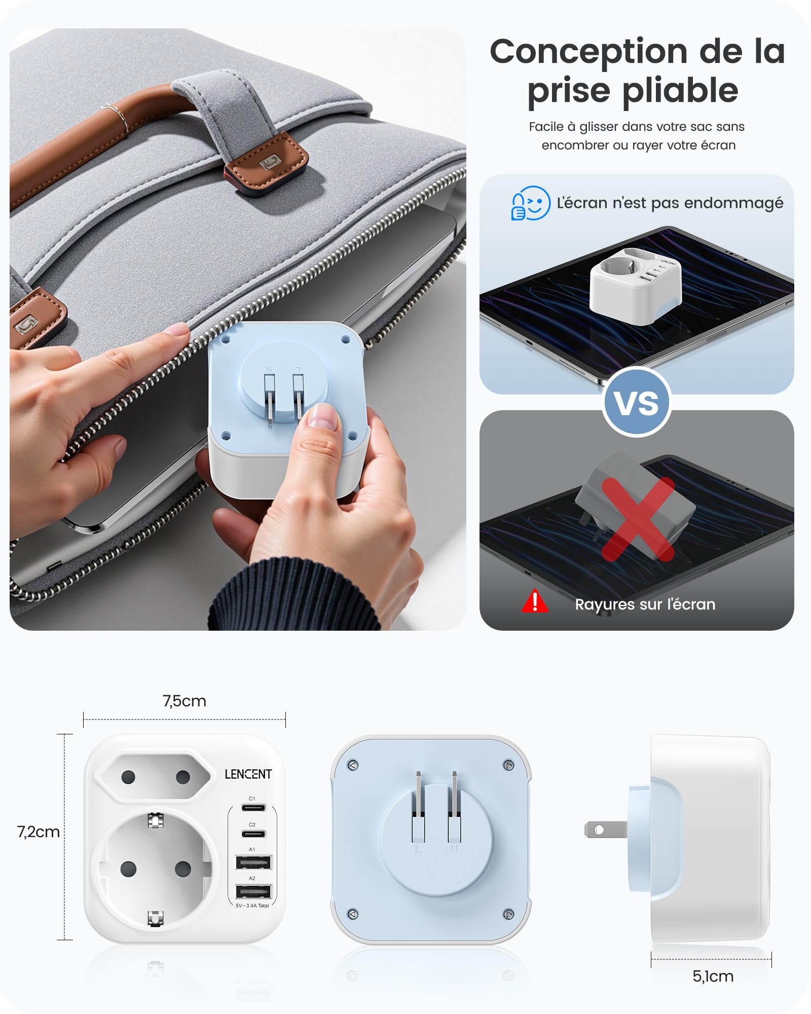 LENCENT Adaptateur de Voyage Japon Adaptateur Prise Type A avec USB-C Prise Pliable pour États-Unis USA Canada Mexique Thaïlande New York