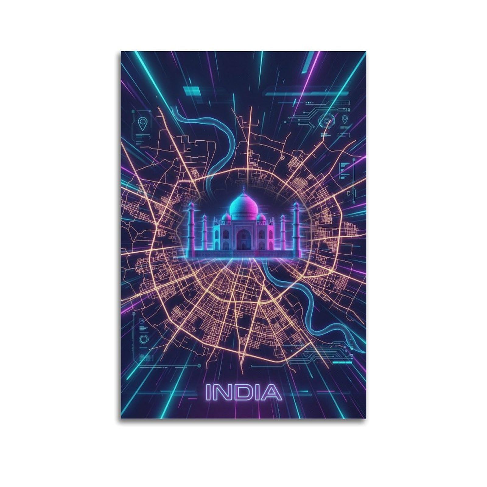 OKAHYS Retro Synthwave India Taj Mahal Map Poster Modern Decorative Canvas Prints - Ideal Wall Art for Family, Man Cave, Game Room, Boys & Girls Bedroom 24x36inch(60x90cm)