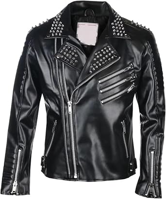 Mens Classic Black Leather Jacket Punk Silver Studded Brando Motorcycle Genuine Cowhide Leather Jacket