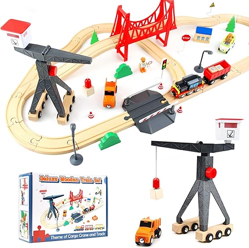 Miniatura 9 de WOOD CITY Juego de tren de madera, 56 piezas de lujo para niños de 2, 3, 4, 5 años, pista de tren temática de carga con grúa torre y puente