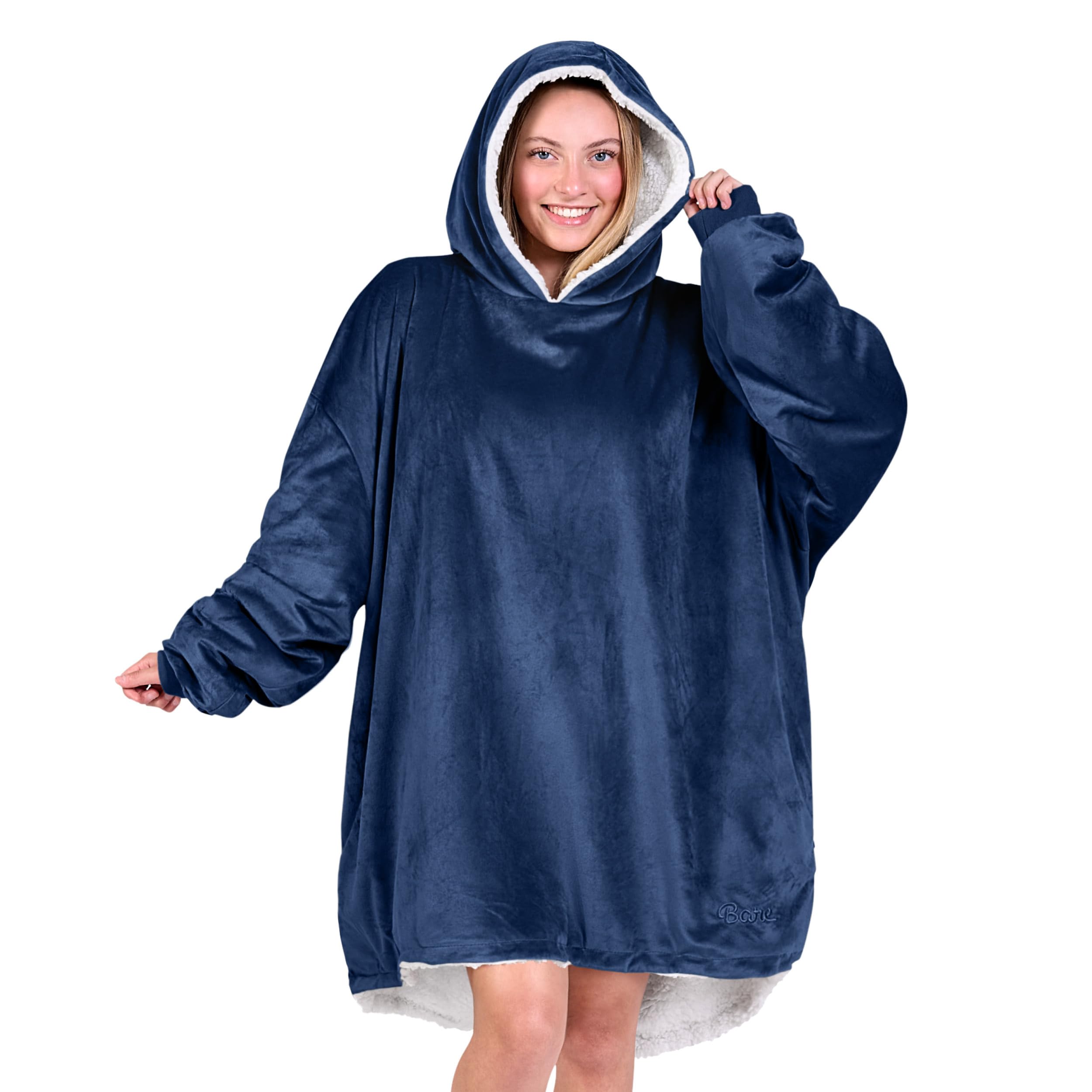 Bare Home Sherpa Fleece Wearable Blanket - Oversized Wearable Blanket Hoodie - Adult Size - Warm & Cozy - Soft Plush Blanket - Comfortable Blanket Sweatshirt with Dual-Sided Pockets (Adult, Dark Blue)