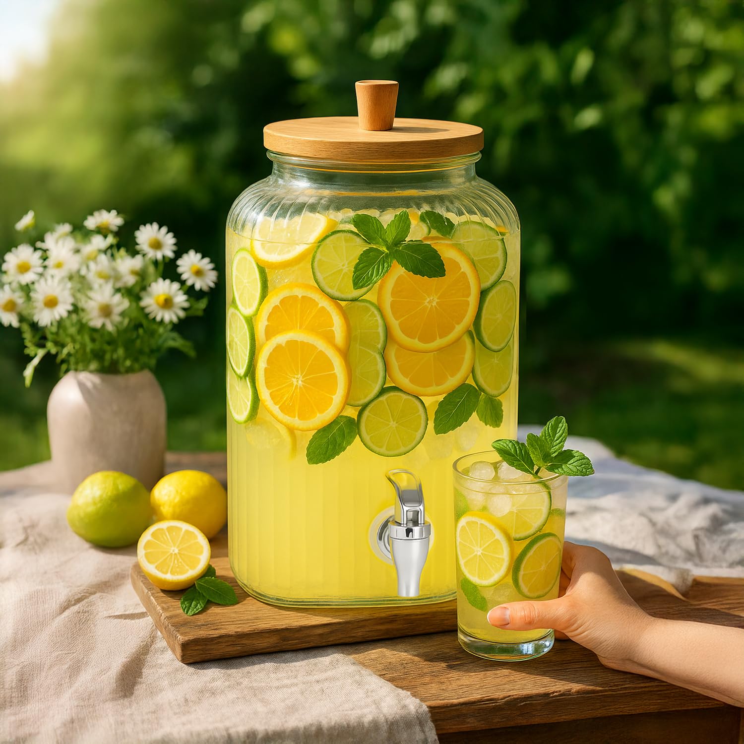 Contenitore in vetro da 8 litri con rubinetto e coperchio in bambù, per limonata, acqua e succo (acciaio inossidabile)