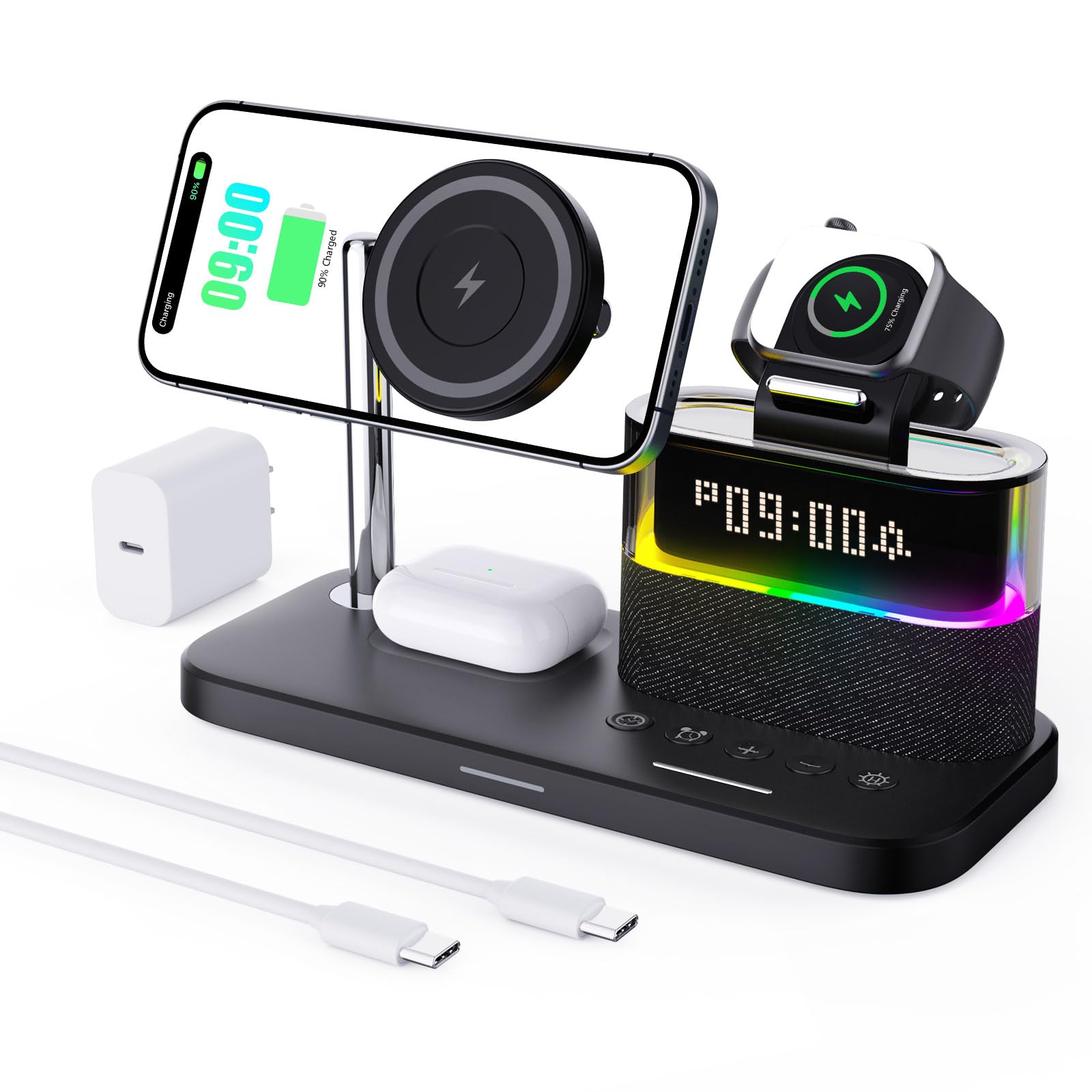 Caricabatterie wireless 5 in 1 con sveglia, stazione di ricarica wireless con luce notturna compatibile con iPhone 17 16 15 14 13 12 Pro Max, Apple Watch e auricolari con ricarica wireless (Nero)