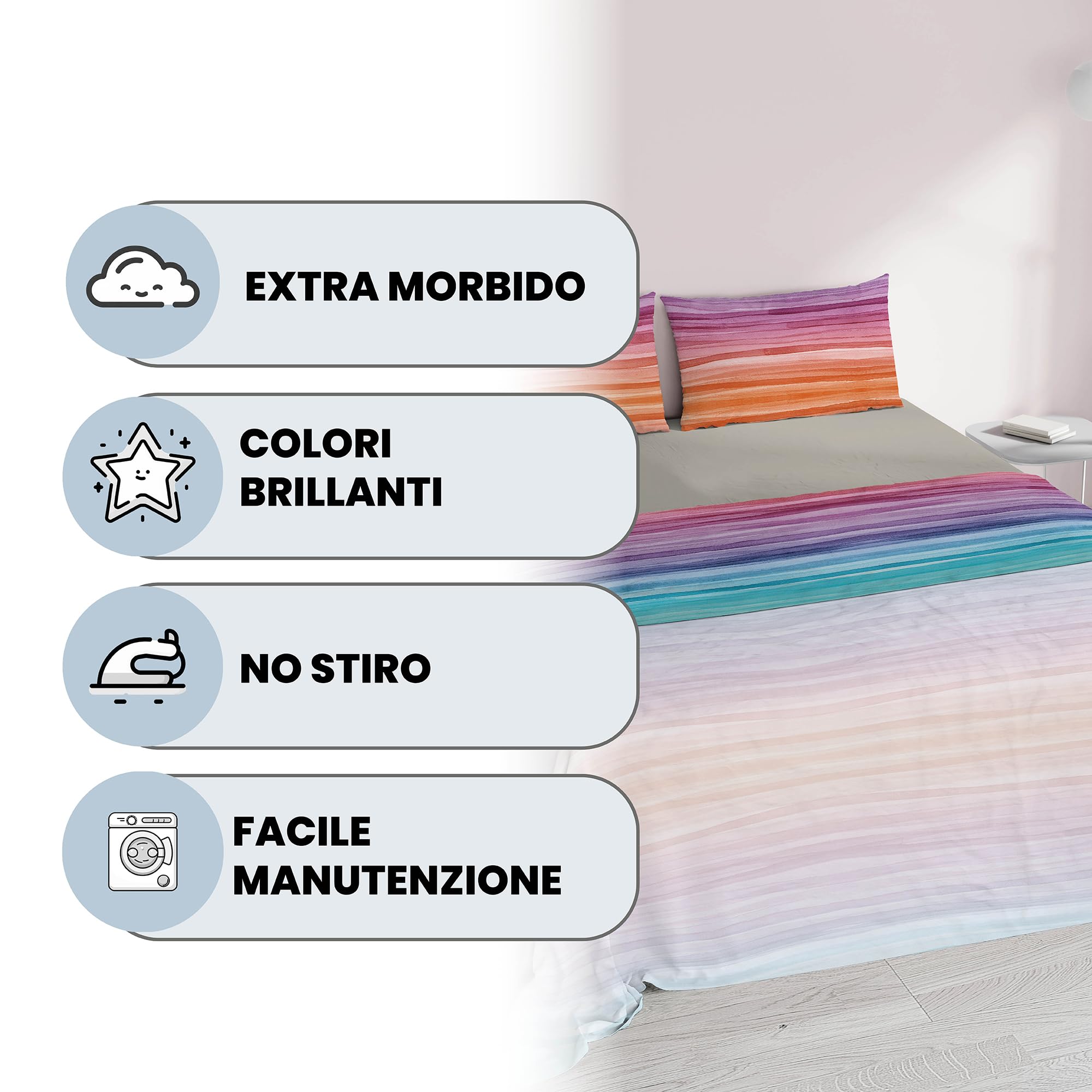 COMPLETO LETTO MATRIMONIALE NO STIRO FANTASY-Prodotto in Italia - Microfibra - Sopra 240x270 cm, Sotto 170x200 cm con Angoli Elasticizzati 25 cm, 2 Federe 50x80 cm - Rainbow