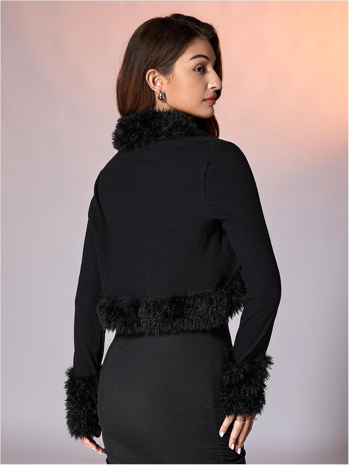 MakeMeChic Women's Faux Fur Open Front Coat Valentines Fuzzy Long Sleeve Crop Jacket Outerwear - Image 2