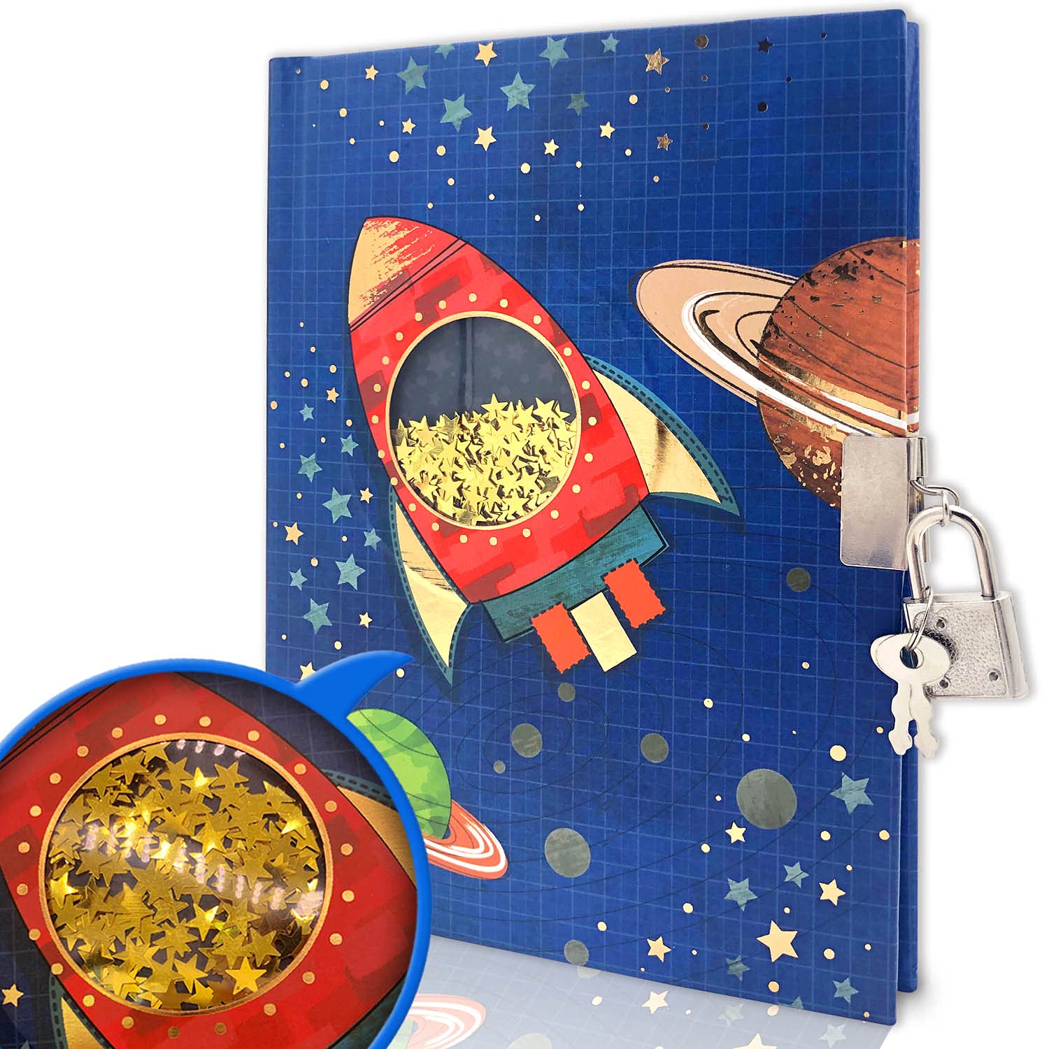 GINMLYDA Secret Diary with Lock for Boys, 7x5.25 Inches 160 Lined Pages Shakable Sequin Boy Diary Spacecraft Journal for Kids Notebook Boys Gifts for Birthday Presents Toys 5 6 7 8 9 10 Year Old
