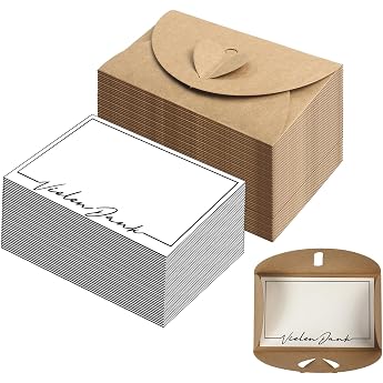 Mini Envelopes with Heart Closure (Set, 50 Envelopes, 50 Cards, Thank You) Kraft Paper