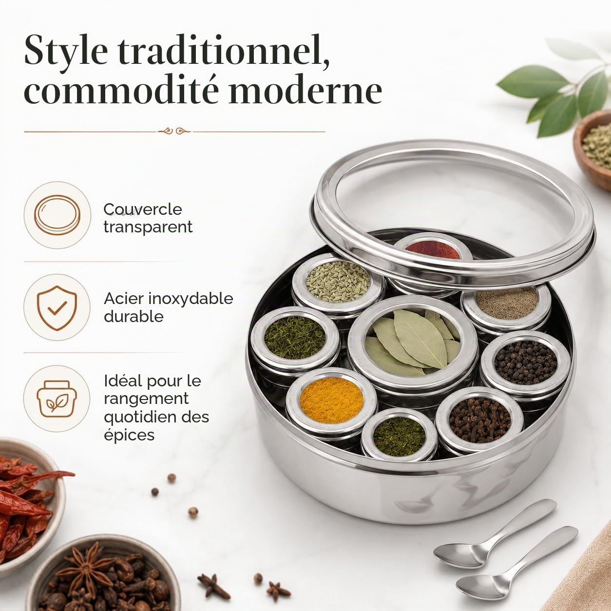 Masala Dabba Boîte à épices indienne Couvercle transpertant 9 compartiments avec couvercles individuels en acier inoxydable de qualité alimentaire avec 2 cuillères de service (22 cm, couvercle