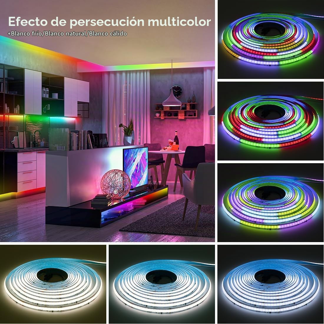 BTF-LIGHTING FCOB SPI RGBWW(3000K) Tira Flexible de Alta Densidad de Luz LED COB IC LED Tape 5M 896LEDs/m DC24V Blanco PCB IP30 NO Impermeable Color Chasing(Sin Controlador y Fuente de Alimentación) | Cinta LED flexible de alta densidad DC24V PCB IP30 no