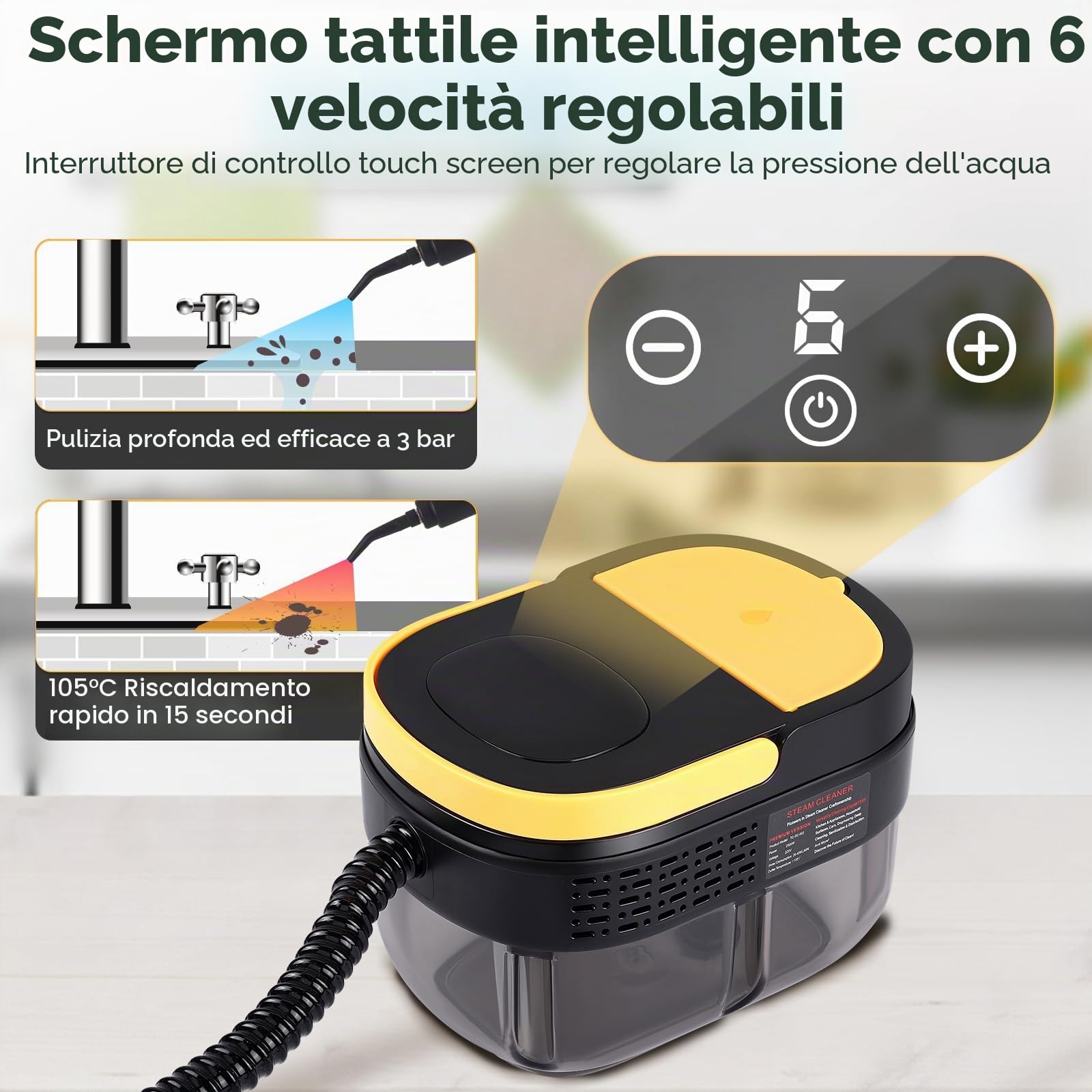 2500 W pulitore a vapore con schermo digitale, pulitore a vapore a mano con 7 teste di spazzola regolabili su 3 livelli, 1100 ml serbatoio d'acqua di grande capacità per pulizia, divani, piastrelle