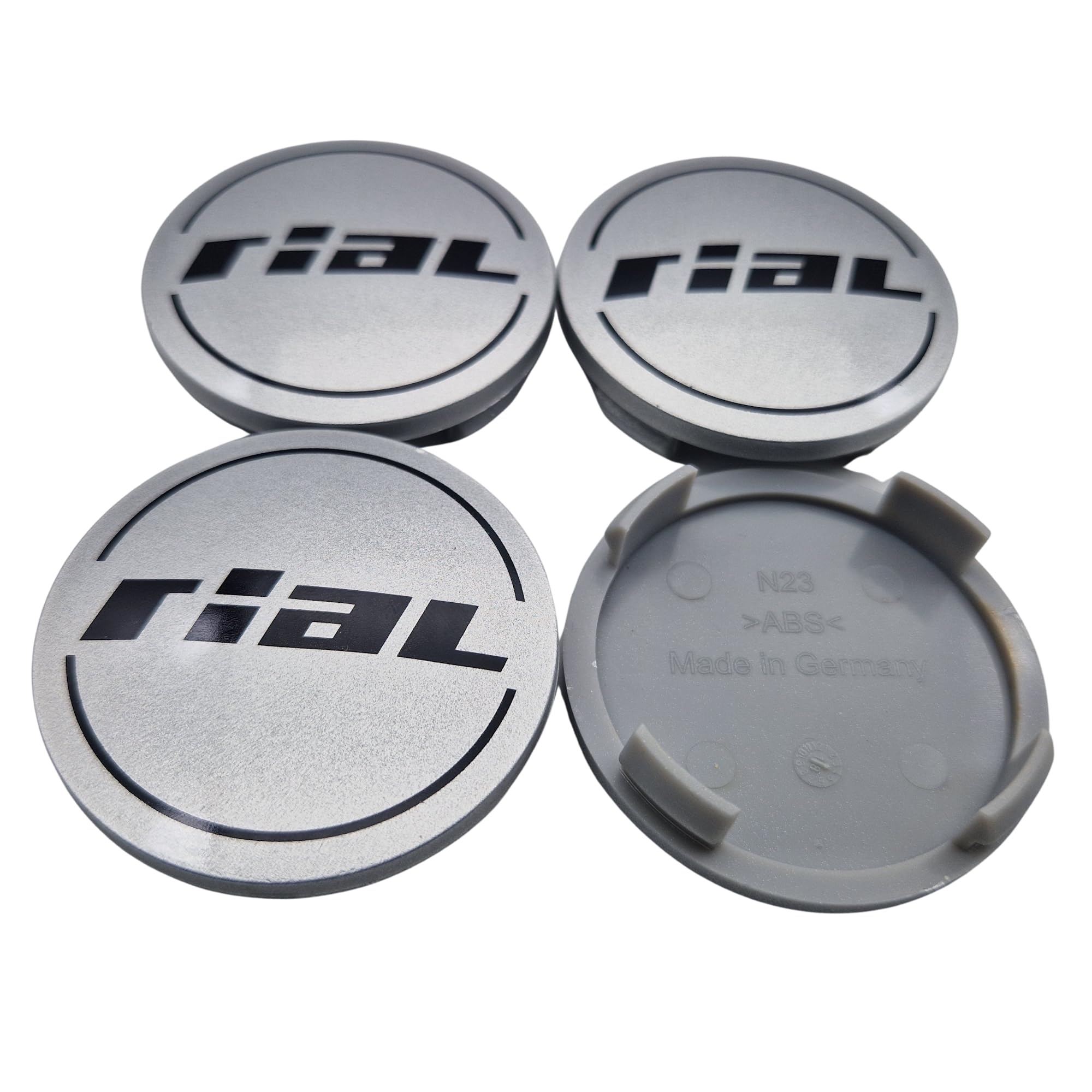 4X Rial Nabendeckel 60mm Silber (N23) Logo Schwarz (Rib) - Original Felgendeckel/Nabenkappe/Hubcap