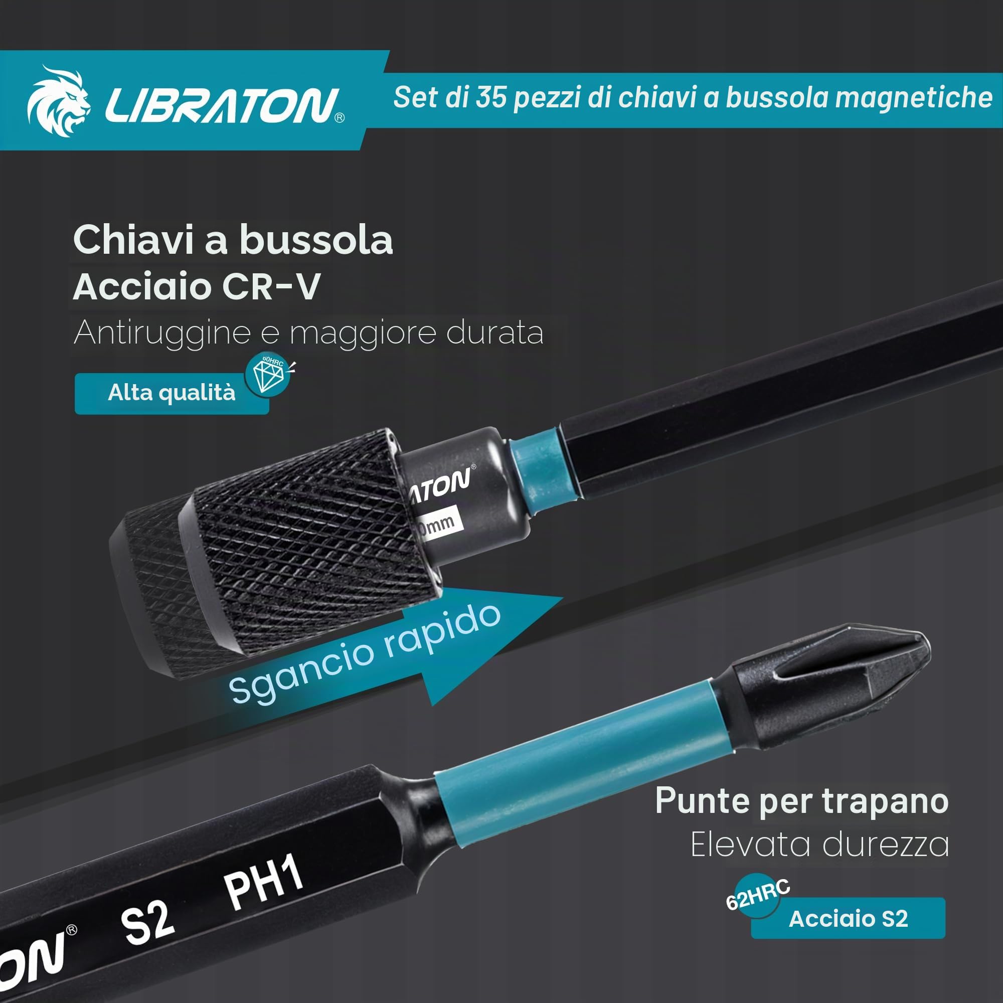 LIBRATON Set di Giradadi Magnetici, Punte per Avvitatori da 35, Bussole per Avvitatore Profondi, Dadi per Bussole Metrico e SAE per Trapani, Giradadi ad Aletta, Portapunte, Puntas, con Cassetta