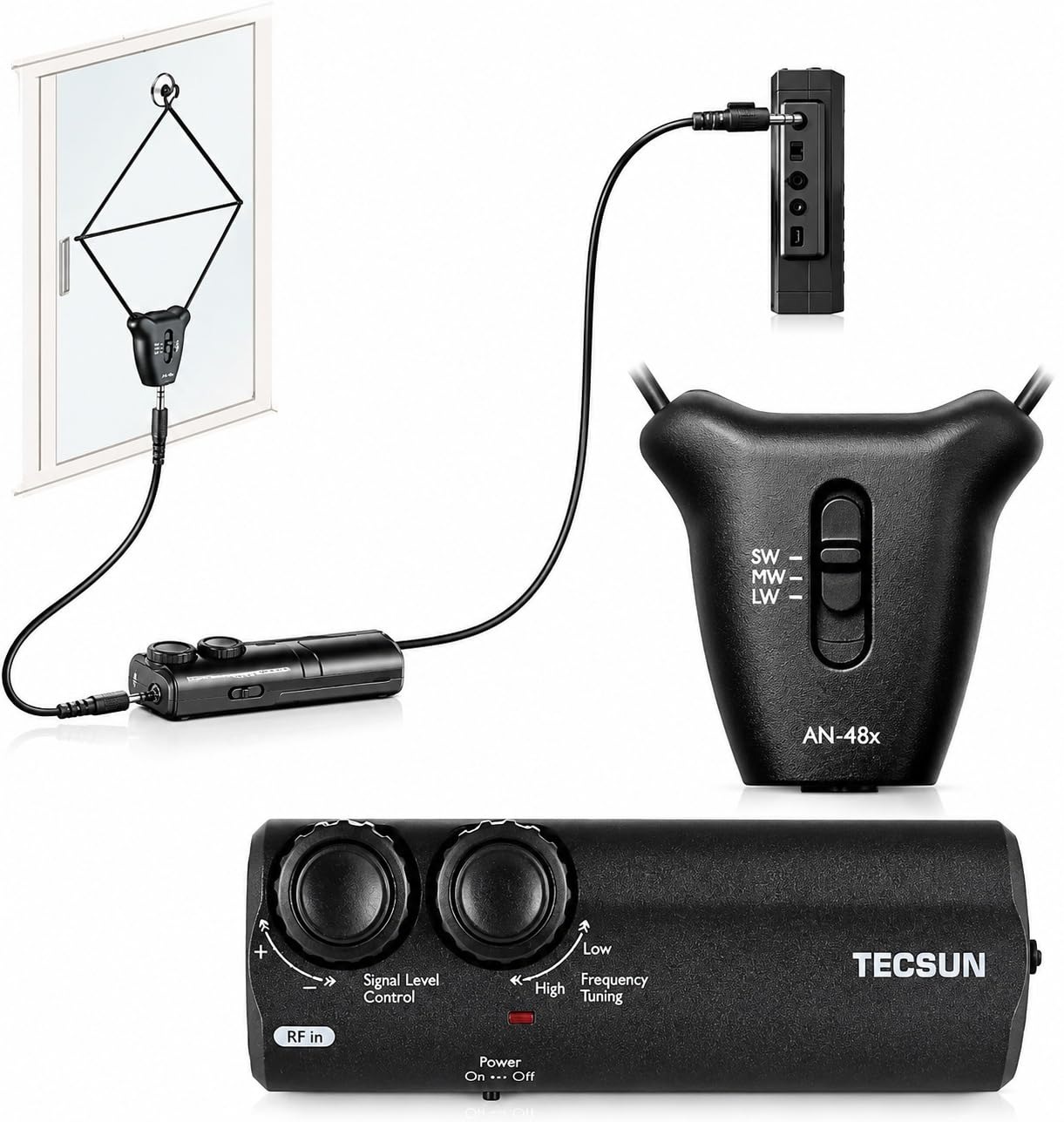 Tecsun AN-48x Antena de Bucle Activa Portátil para LW/MW/SW, Amplificador de Señal para Receptores de Radio