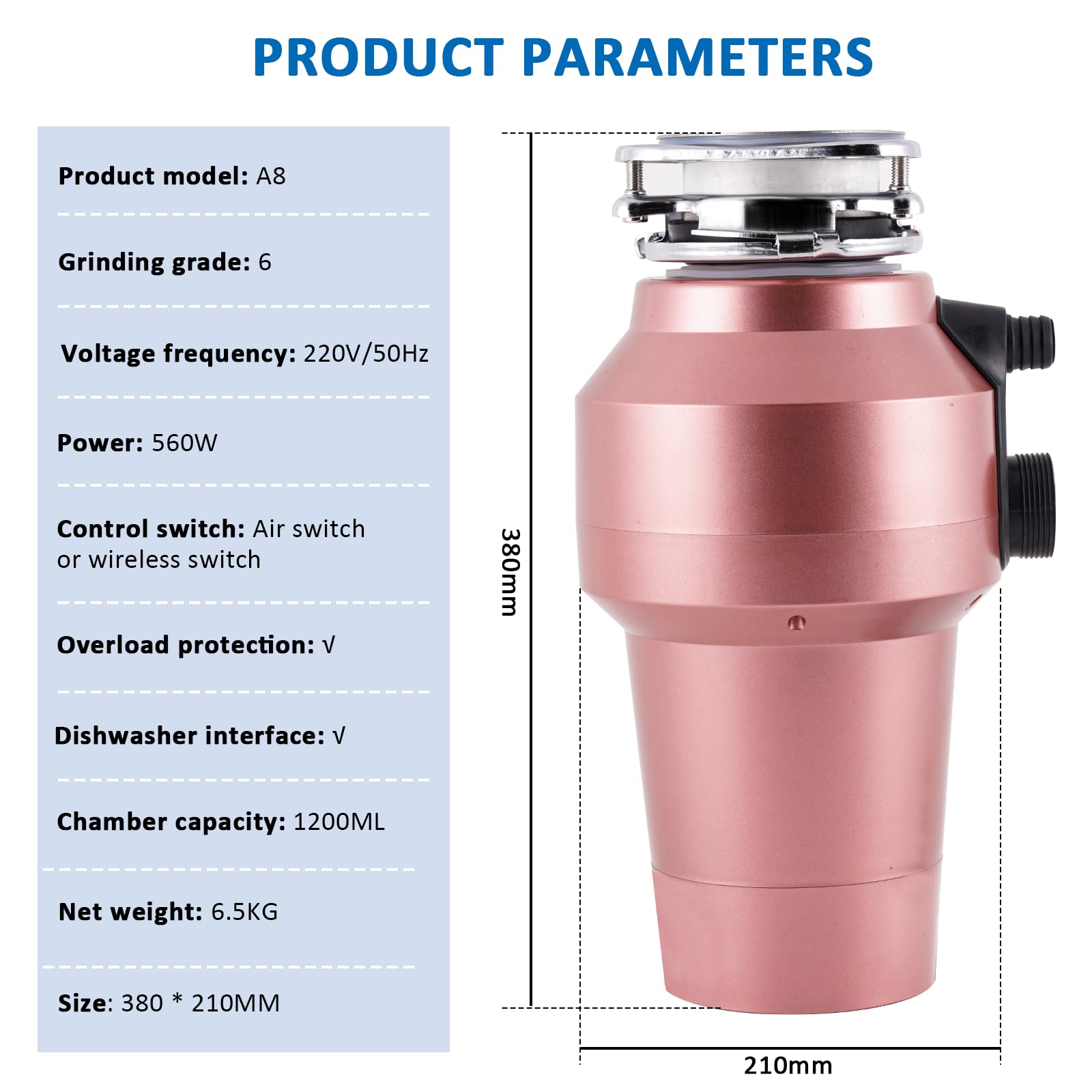 BAOSHISHAN Dispositivo di smaltimento dei rifiuti da Cucina, 560 W, capacità 1200 ml, con 2 interruttori, doppio strato, silenzioso, 220 V