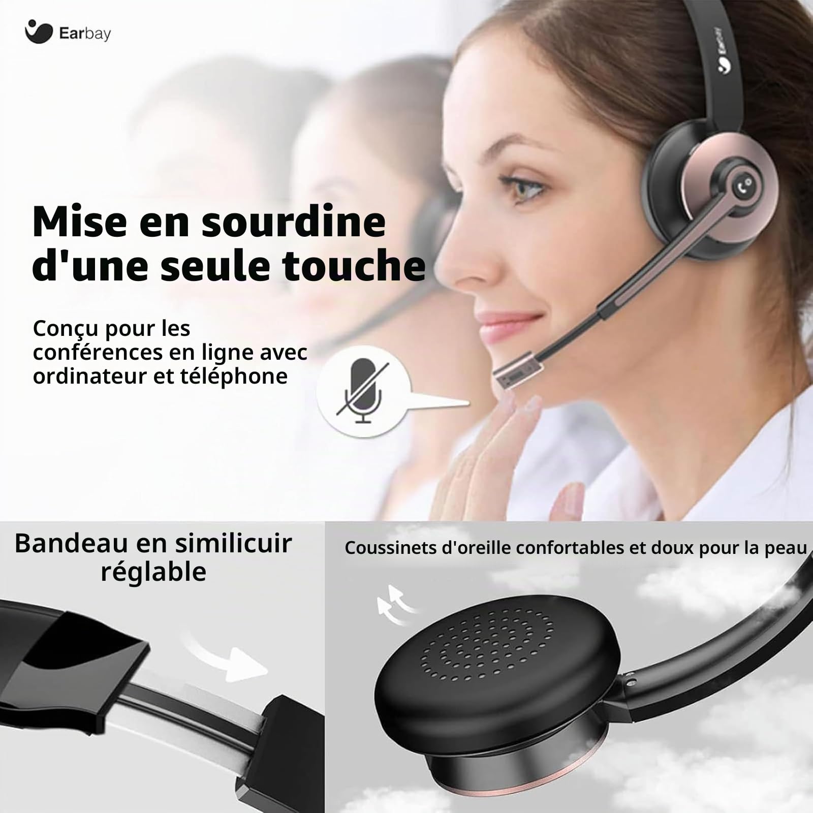 Casque sans fil Bluetooth microphone, réduction du bruit, dongle USB, pour ordinateur/telephone portable/reunion/centre d'appel/bureau