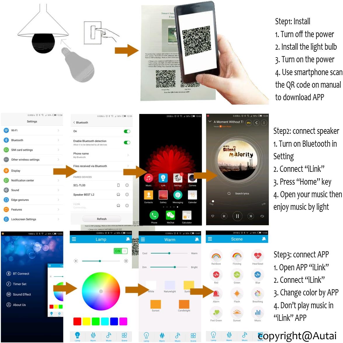 Autai LED Light Bulb with Smart Bluetooth Speaker and APP Control RGB Multi Color Changing Dimmable