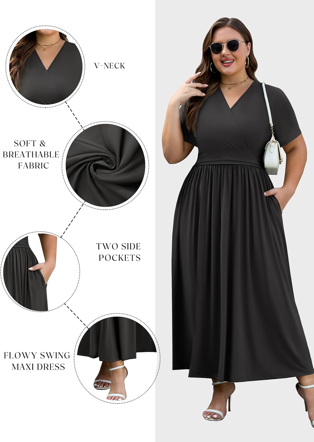 Plus Size Maxi Dresses for Curvy Women Short Sleeve Wrap V-Neck Summer Dress with Pockets - Image 5