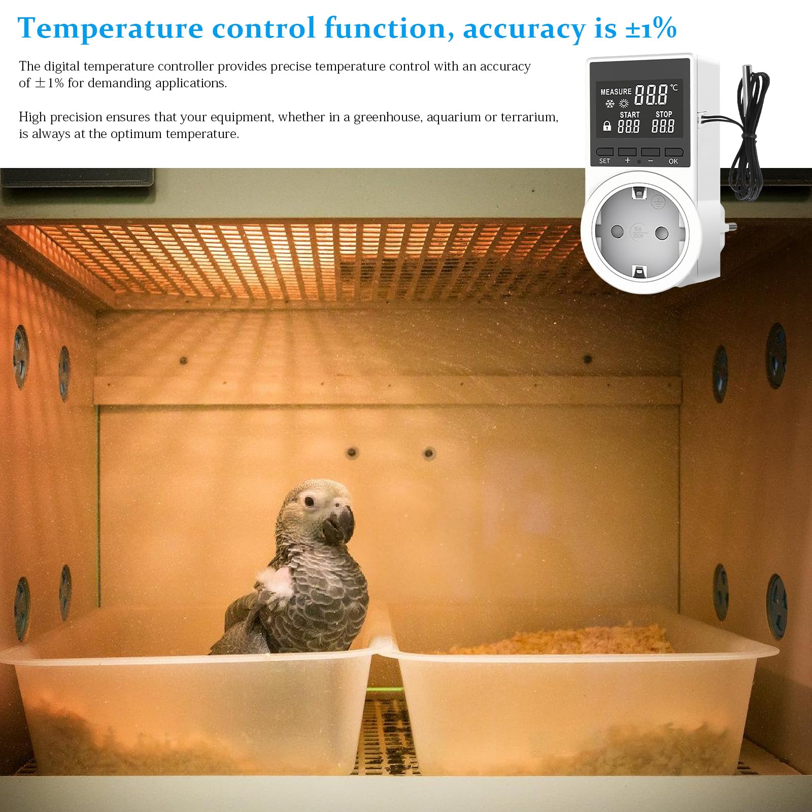 Temperaturregler 230v mit Fühler: Digitaler Steckdosen Thermostat mit LCD Bildschirm, Play und Plug Temperatur Feuchtigkeit Regler mit 2pc Thermometerkopf für Gewächshaus, Aquarium, Terrarium