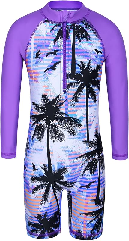 TFJH E Girls UPF 50+ Long Sleeve Rash Guard Zip Swimsuit One Piece 3-14Y