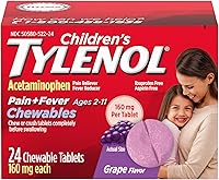 Children's Tylenol Chewables 160mg Acetaminophen Grape, 24ct - Pain Reliever Fever Reducer for Kids Cold Flu Headache Sore Throat