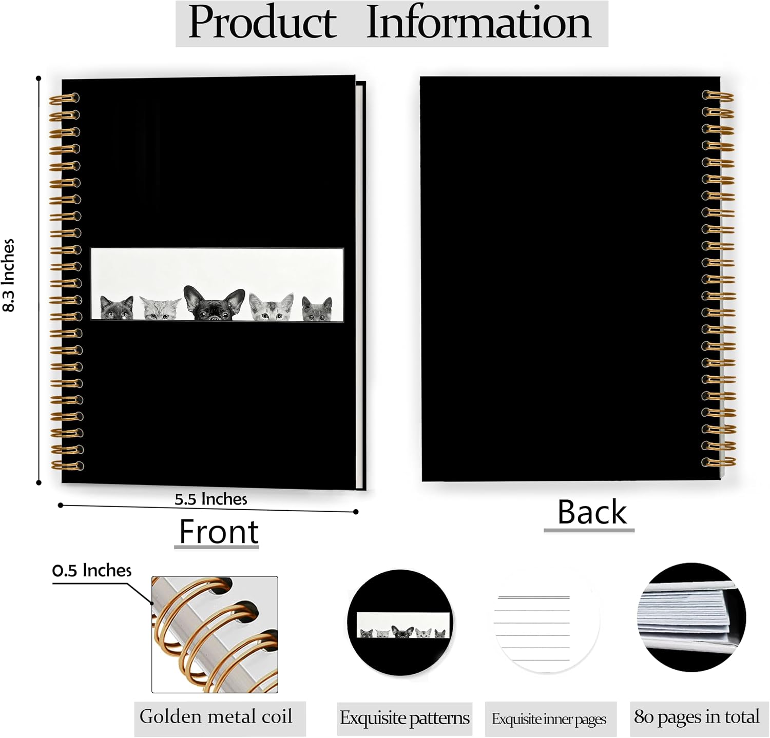 Funny French Bulldog and Cat Notebook, Gifts for Cat Dog Lovers, Minimalist Black and White Animal Journal, Pet Lover Owner Gifts Spiral Notebook Journal 5.5x8.3 image 2