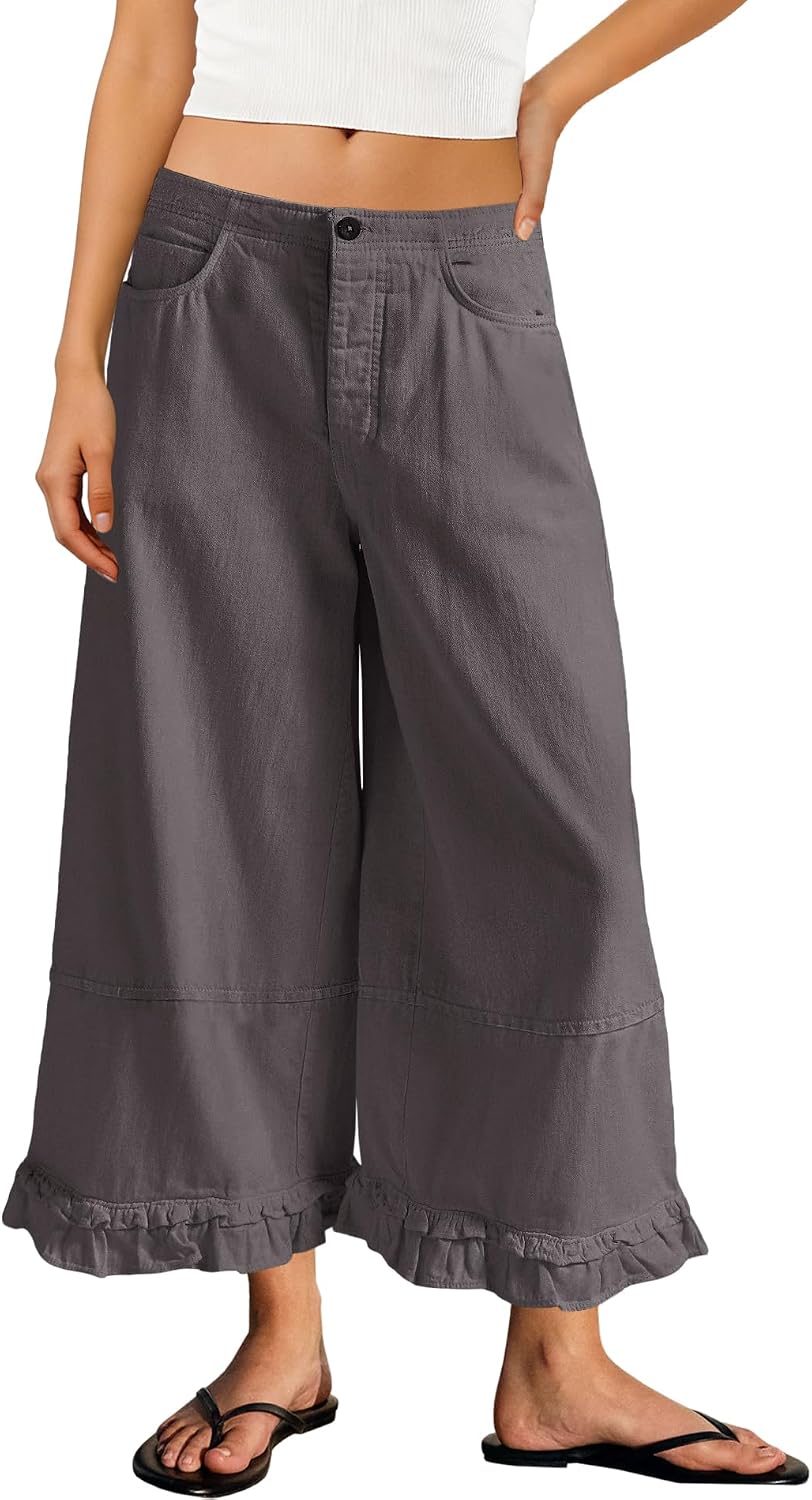 Yanekop Womens Wide Leg Jeans Elastic Waist Baggy Denim Pants Low Rise Ruffle Hem Capri Jeans Casual Trendy Trouser