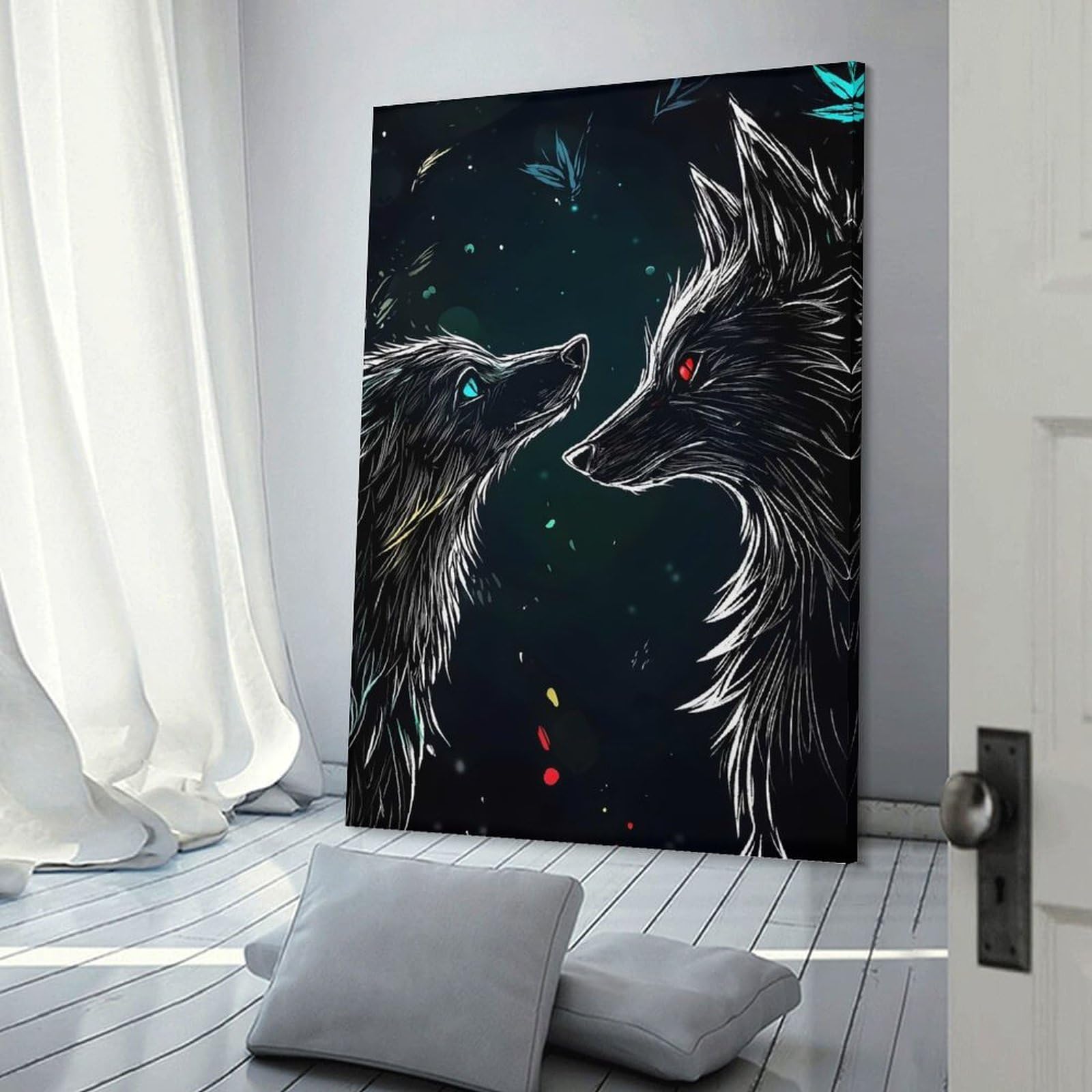 Junmoney Wolf Couple Digital Art Wall Decor Canvas Print, 20x30inch(50x75cm), for Wall Displays, Bedrooms Or Room Updates, Wall Decor Suited to Curated Displays