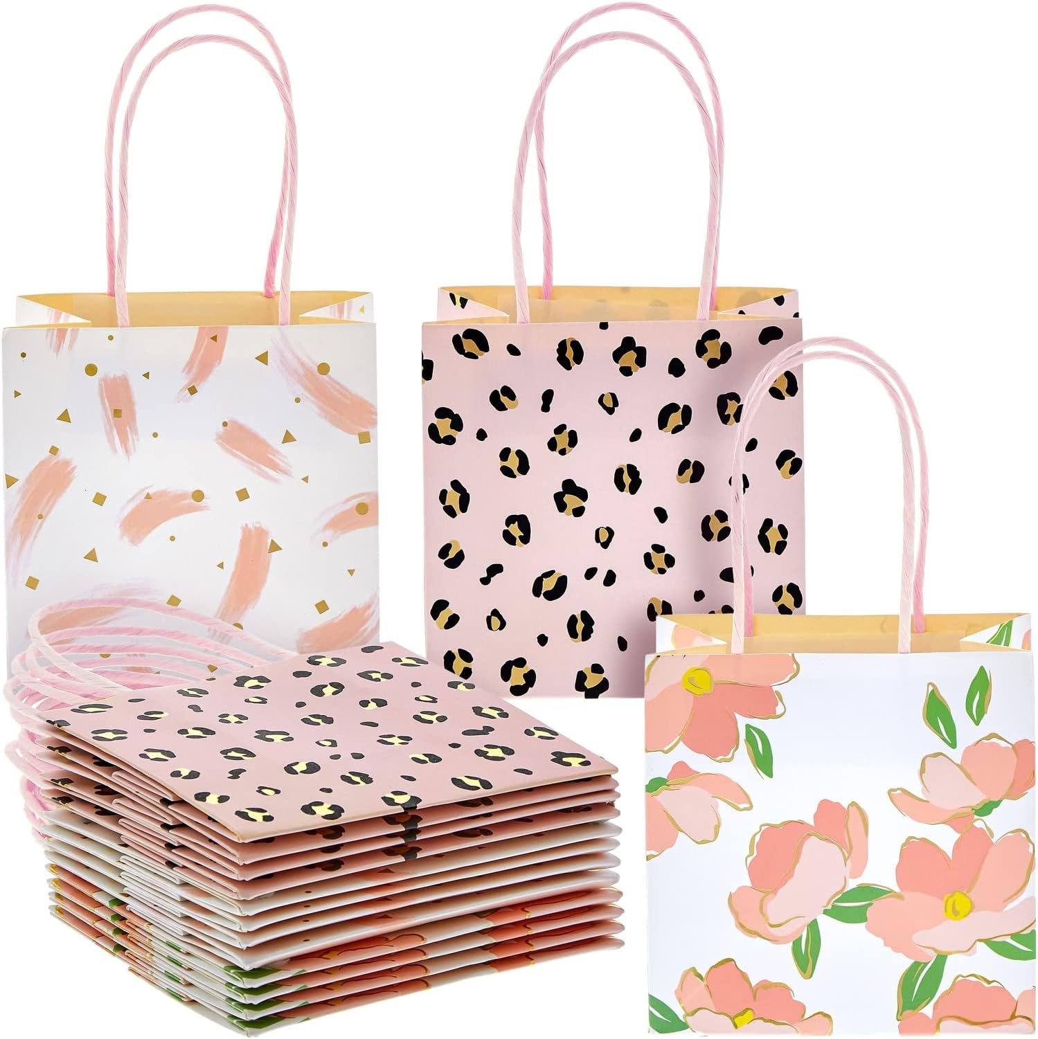 Sparkle and Bash Mini Gift Bags with Handles in 3 Pink Designs (5 x 5 x 3 in, 12 Pack)