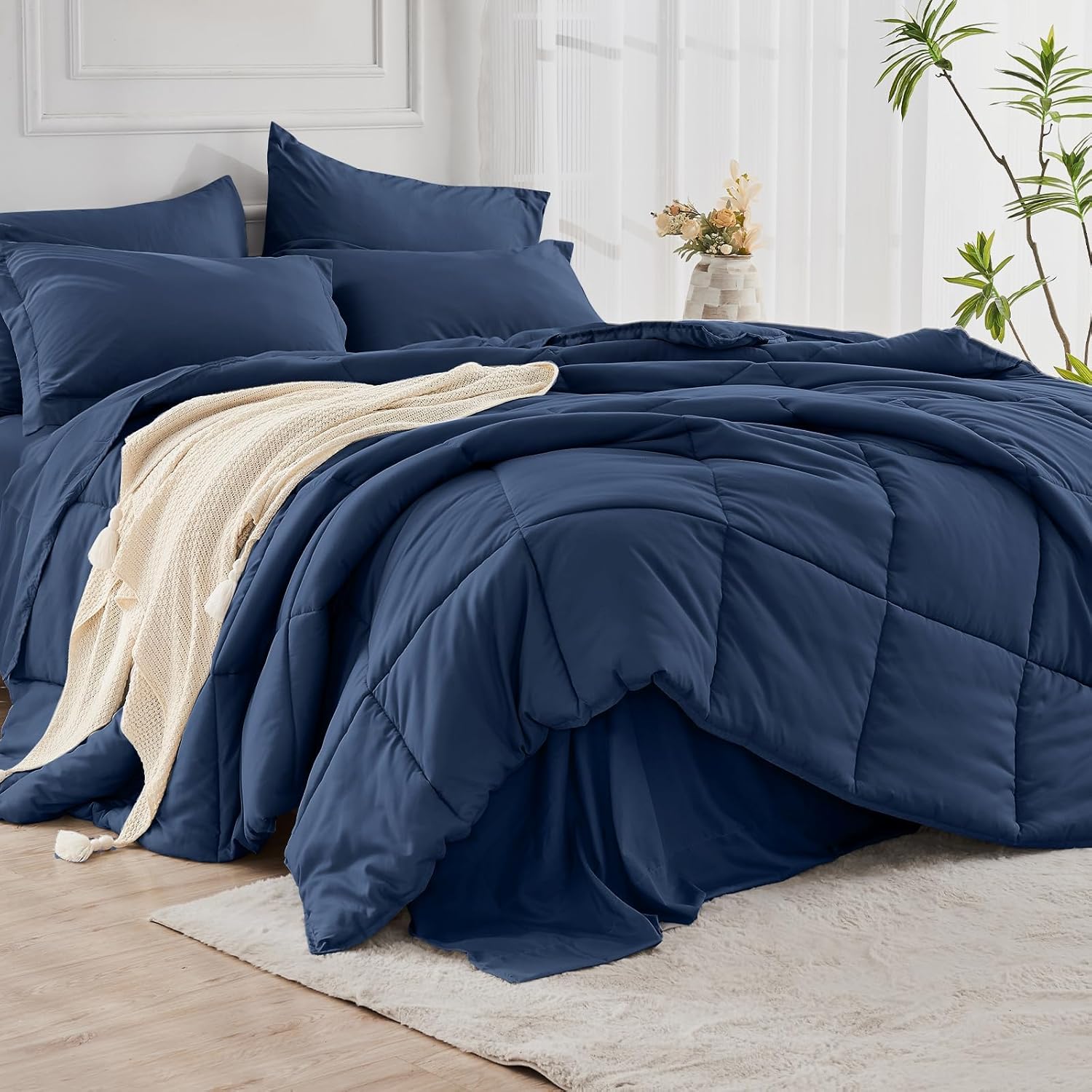 JOLLYVOGUE Full Comforter Set, Ultra-Soft Bed in a Bag Full Size 7 Pieces, Oeko-TEX Certified Bedding Set with Down Alternative Comforter, Sheets, Pillowcases & Shams, Navy - Image 7