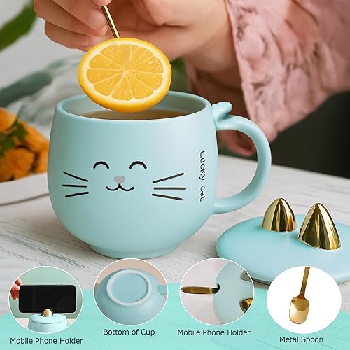 Miniatura 6 de YUWU Taza de cerámica con diseño de gato, bonita taza de café con cuchara, soporte para teléfono celular, niños, regalo de Navidad, San Valentín,
