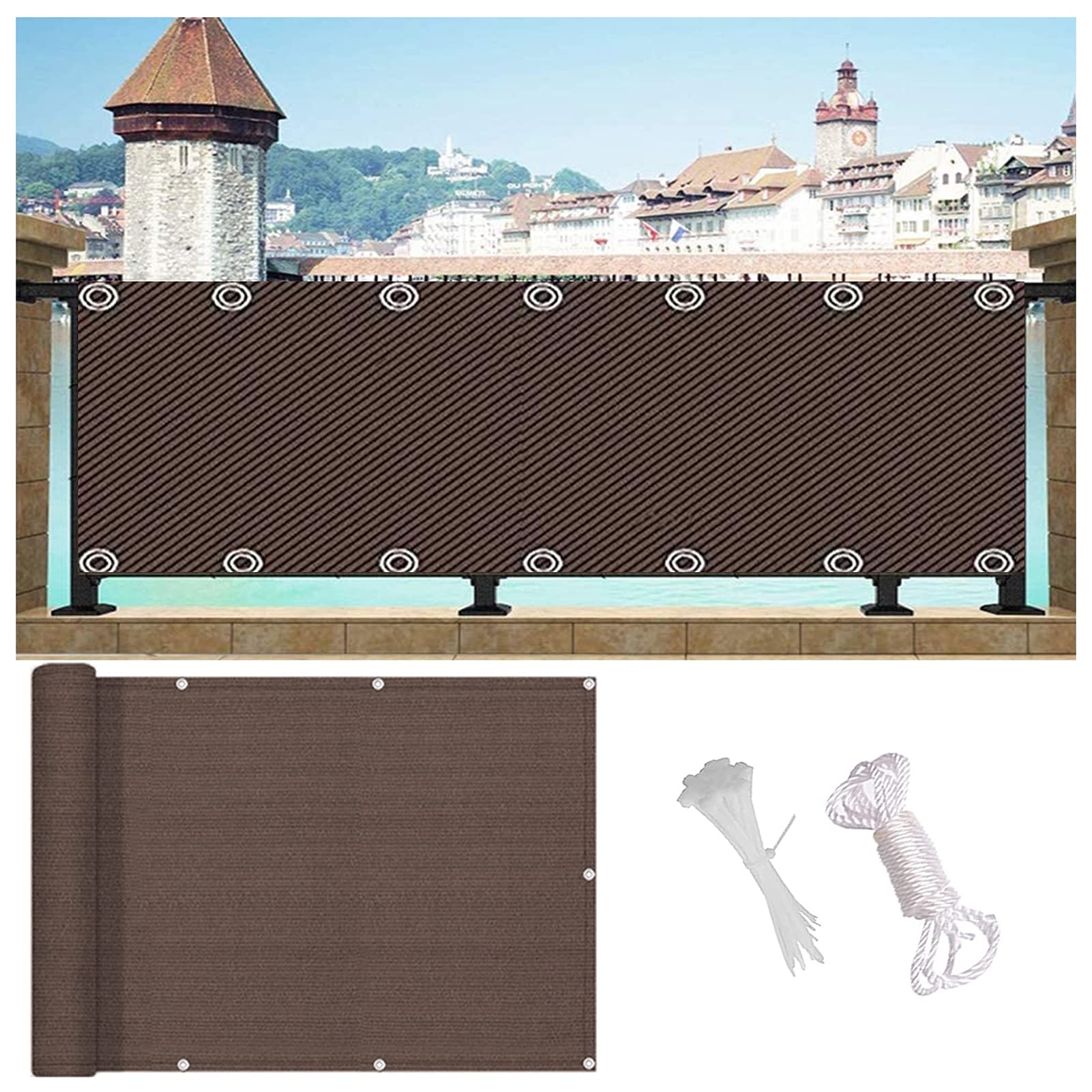 Balkon-Sichtschutzabdeckung, 0,6 x 9 m, multifunktionale Schutzblenden für Höhe 0,6 m, 1 m, Braun, inkl. Kabelbindern, Seilen