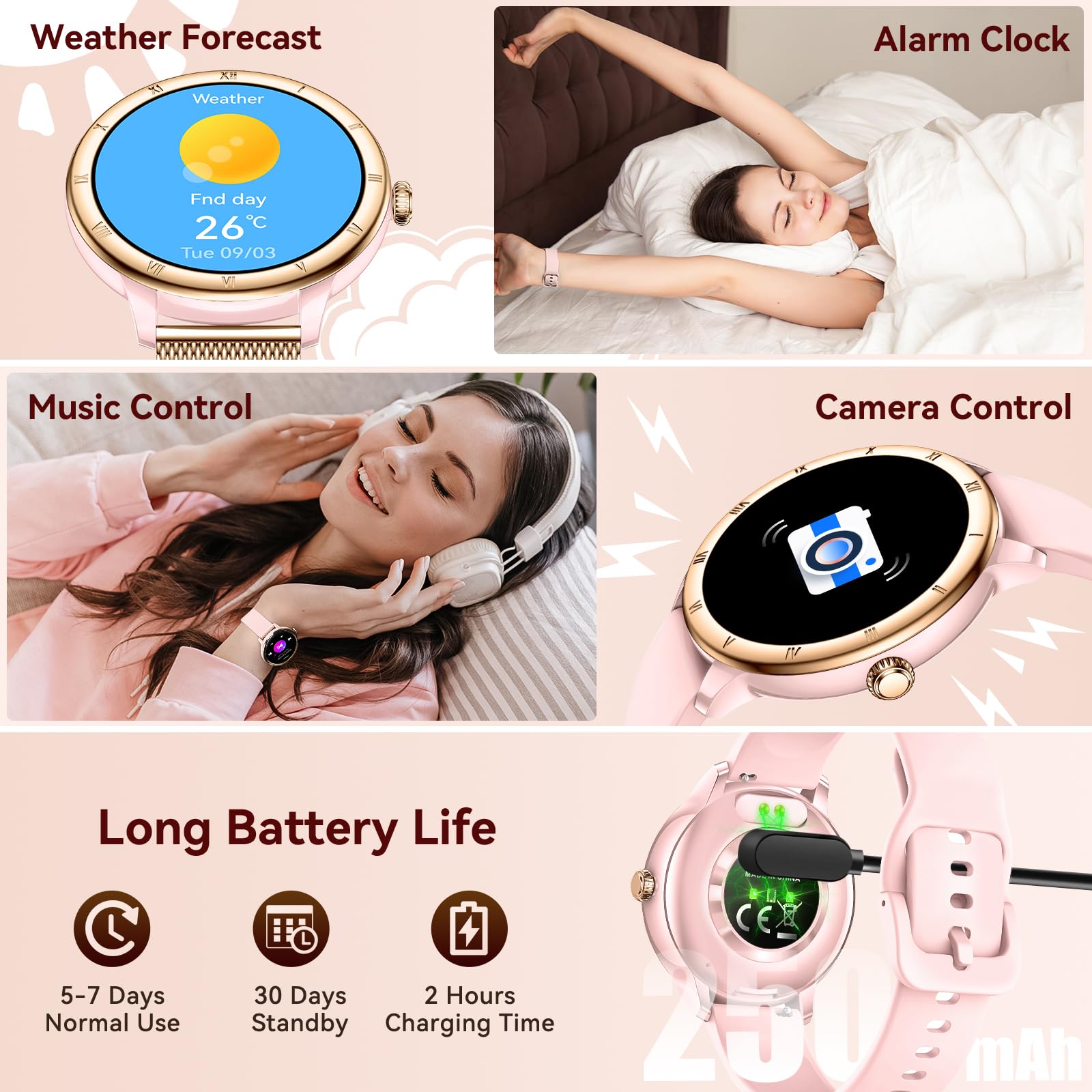 Smart Watch da donna, schermo HD, fitness tracker, impermeabile fino a 5 atm, con Bluetooth, per effettuare e rispondere alle chiamate, tracker di attività con cardiofrequenzimetro/sonno/femmina