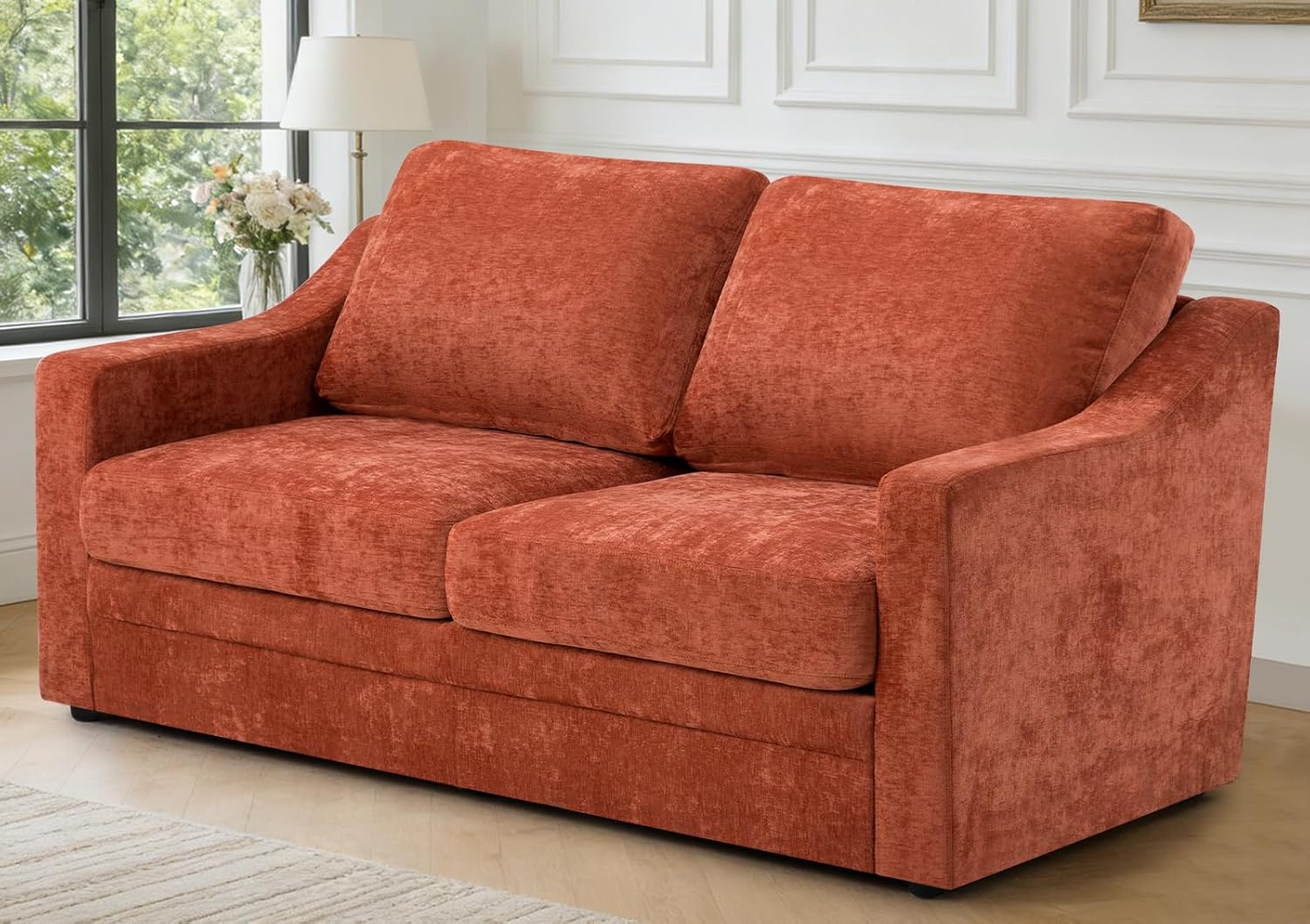 67” Chenille Loveseat Sofa w/Comfortable Back Cushions & Curved Armrests, Modern 2-Seat Couch w/Deep Seat Space, Upholstered 2 Seater Sofa w/High Resiliency Foam for Living Room, Orange