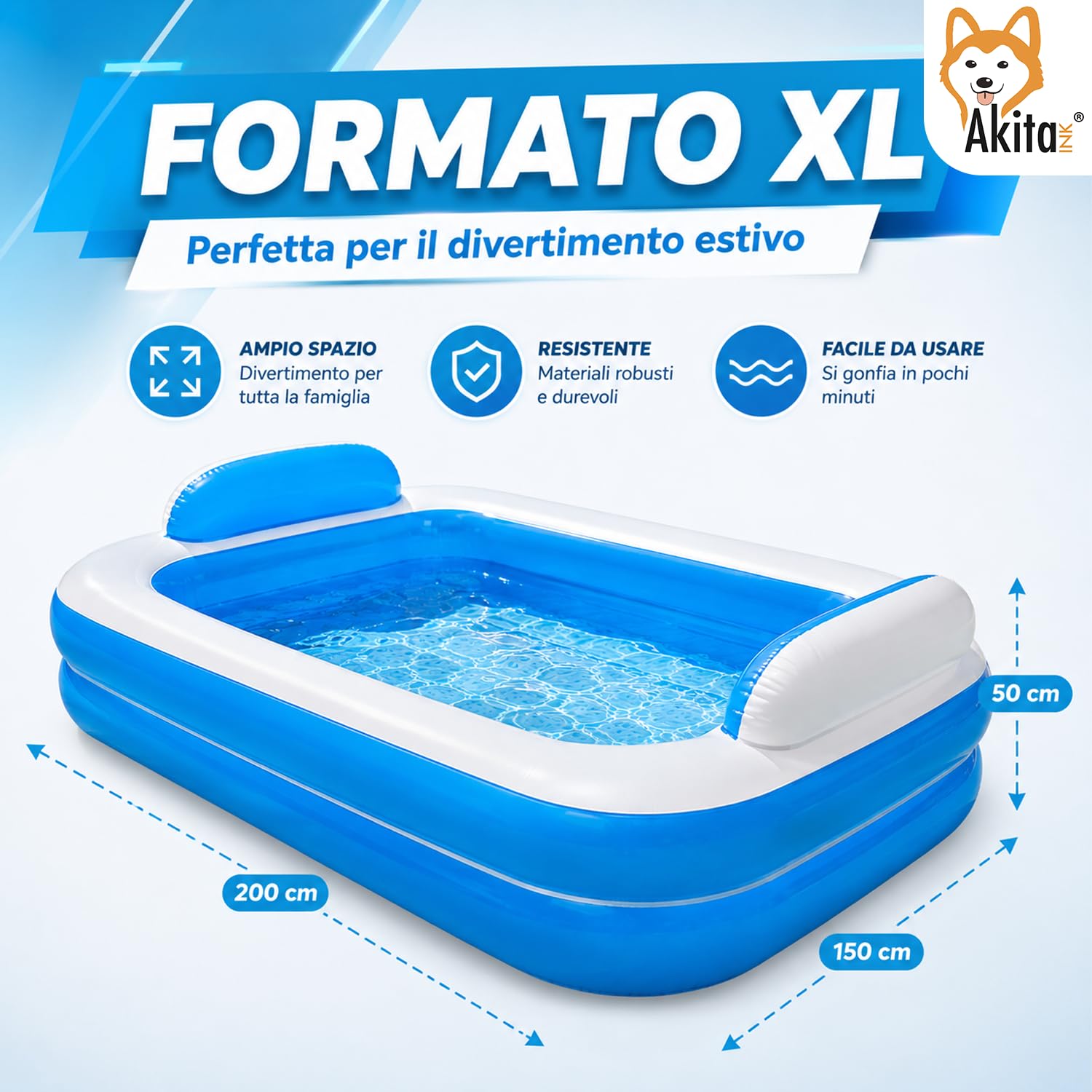 Akitaink Piscina Gonfiabile Rettangolare 200x150x50 cm con Cuscini Integrati, in Vinile Resistente PVC, Azzurro e Bianco, per Bambini dai 3 Anni, da Giardino
