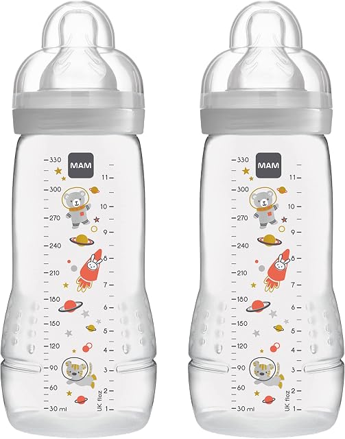 MAM Easy Active Baby Bottle with Fast Flow MAM Teats Size 3, Twin Pack of Baby Bottles, Baby Feeding, 330 ml, Grey (Designs May Vary)