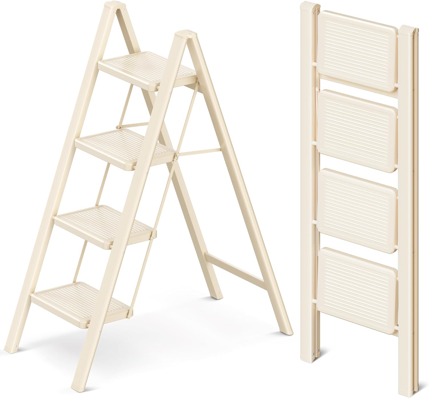 GameGem 4 Step Ladder Folding Step Stool with Wide Anti-Slip Pedal, 330LBS Capacity, Lightweight Portable Stepladder for Home and Kitchen Use, Cream White Cream White 4 STEP