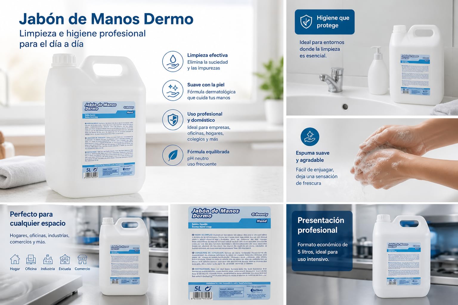Gel de Manos Glossy Hand Dermo 5L – Higiene y Lavado de Manos Todo Tipo de Pieles – Efecto Limpiador y Desodorizante – Garrafa Industrial para Hotel, Vestuario y Uso Profesional