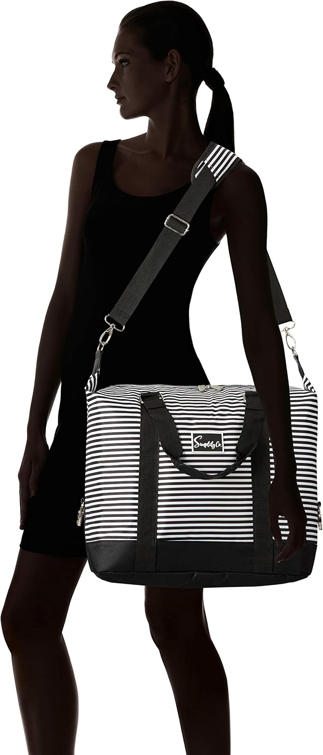 Simplily Co. Travel Weekender Overnight Carry-on Shoulder Duffel Tote Bag (8" x 12" x 16 (Large), Black & White Stripes)